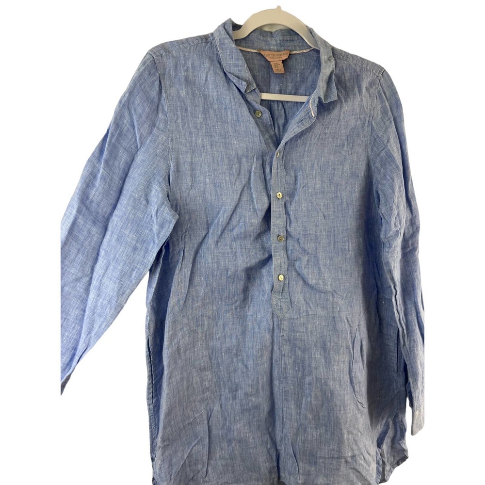 Saint Tropez West 100% Linen Medium Blue Long Sleeve Top 1/2 Button Front Pocket